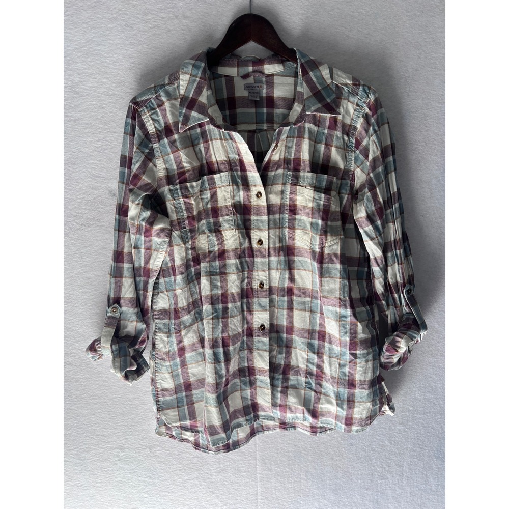 Carhartt Womens XL Plaid Roll Tab Sleeve Button Down Cotton Shirt 103085 Red